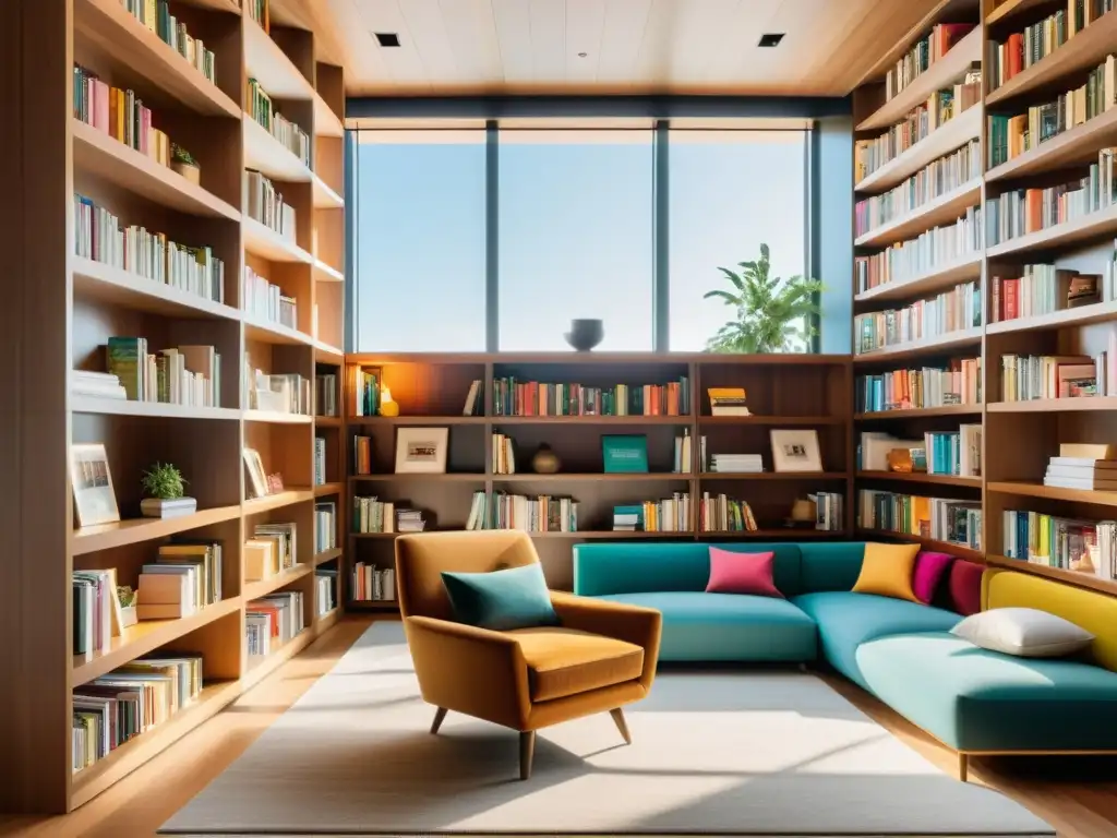 Amplia biblioteca moderna con estanterías repletas de libros coloridos, luz natural y acogedores rincones de lectura con sillones contemporáneos