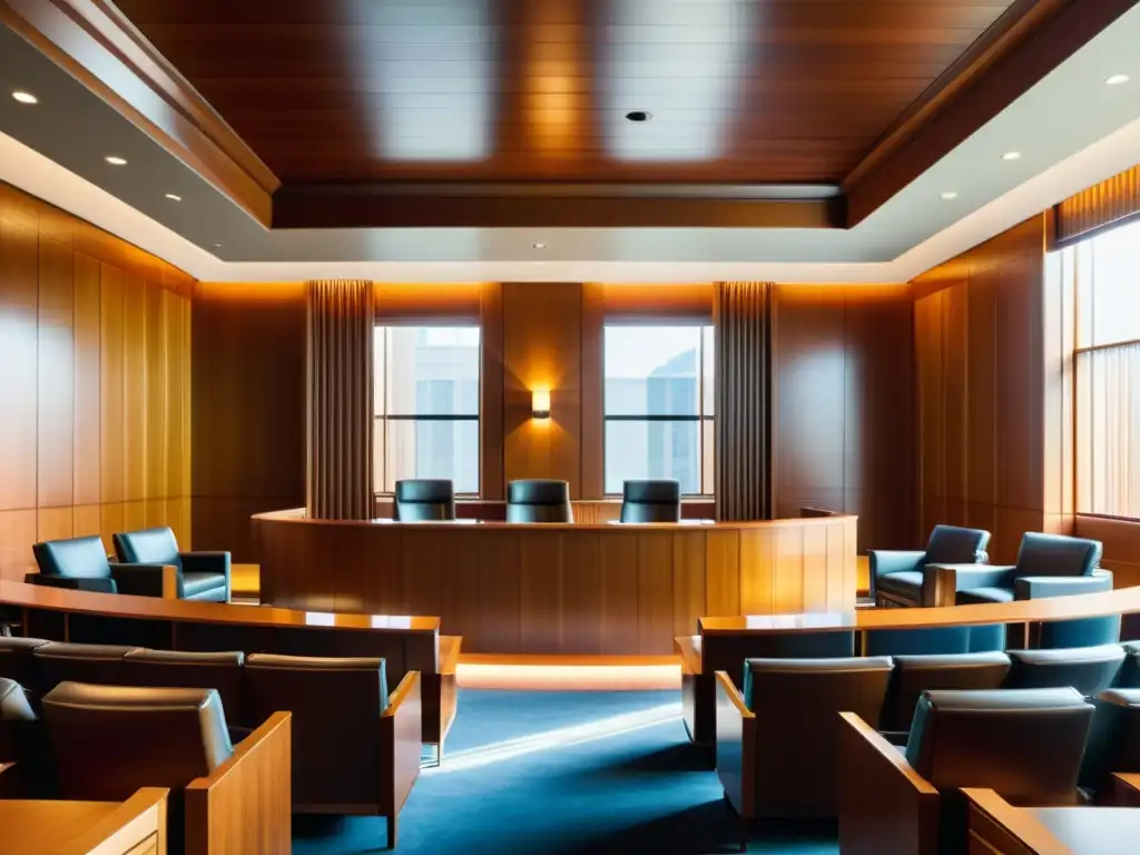 Amplia imagen de una sala de tribunal moderna y elegante, bañada en cálida luz natural