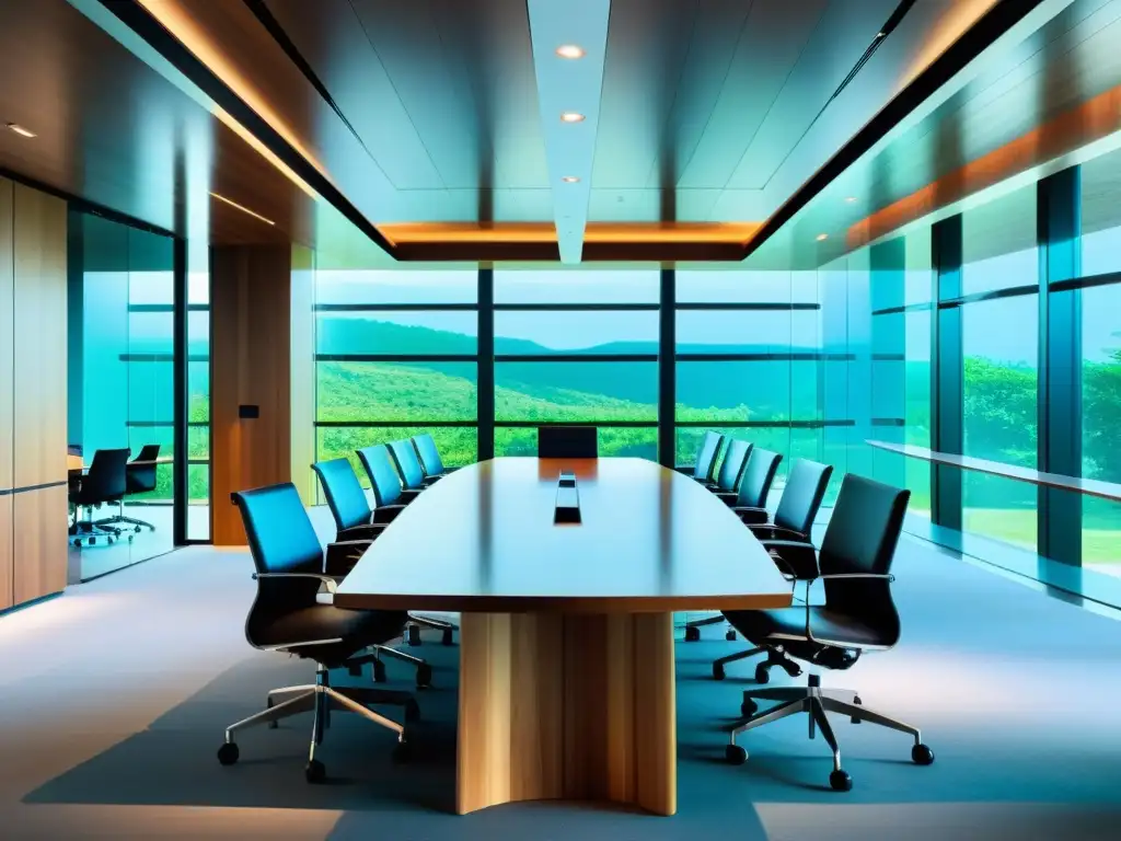 Amplia sala de juntas corporativa moderna con decoración minimalista, iluminación natural y documentos legales