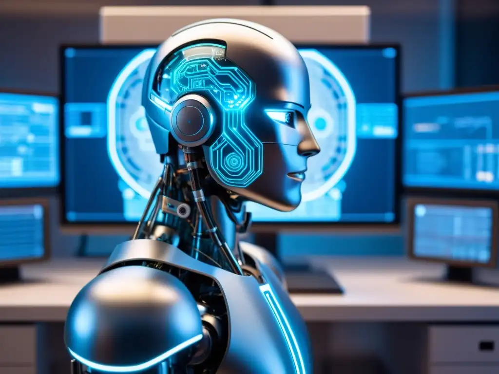 Un androide contemplativo frente a una compleja interfaz, rodeado de códigos y proyecciones holográficas