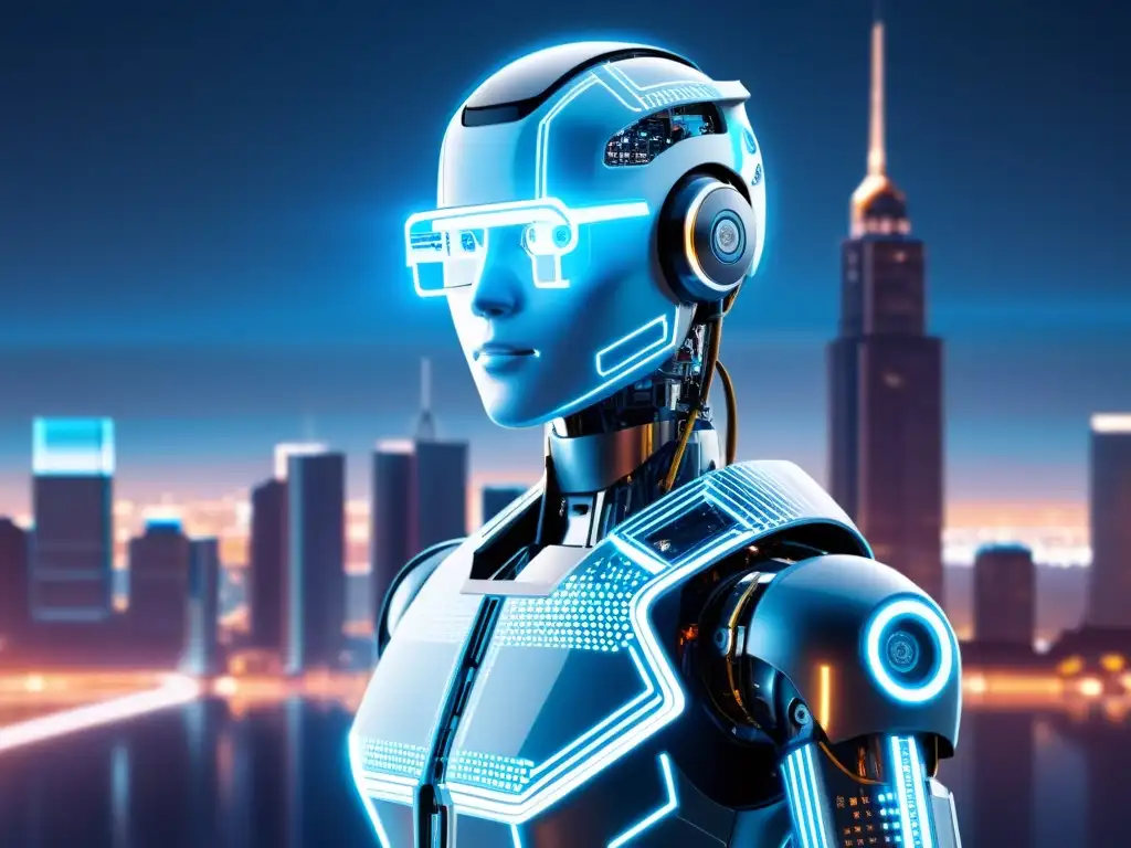 Un androide futurista reflexiona frente a una interfaz digital, entre líneas de código y luces neón