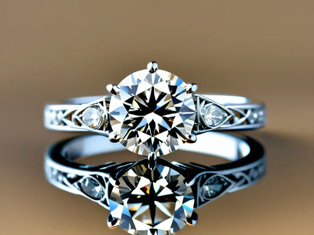 Un anillo de compromiso con diamantes de diseño patentado, resplandeciendo en platino contra un fondo neutro