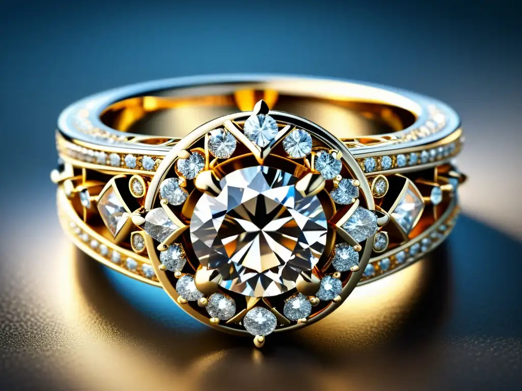 Un anillo deslumbrante con incrustaciones de diamantes, destacando el diseño único y el brillo de la joyería