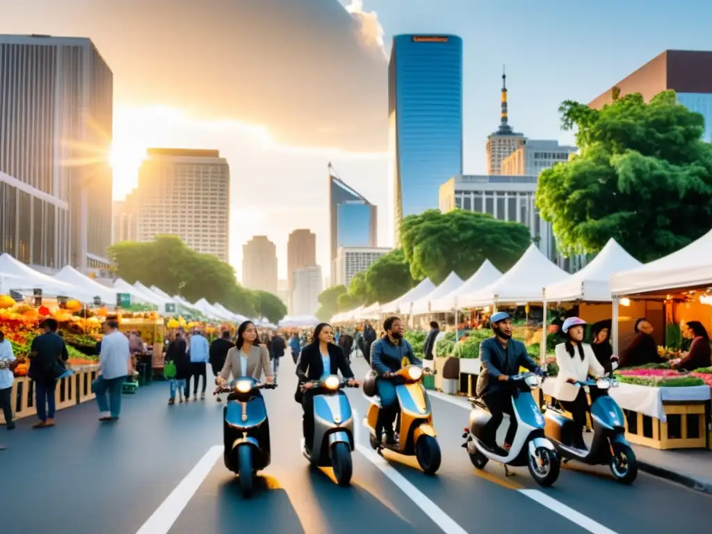 Una animada calle de la ciudad con actividades de economía colaborativa y oportunidades de propiedad intelectual, iluminada por el cálido atardecer