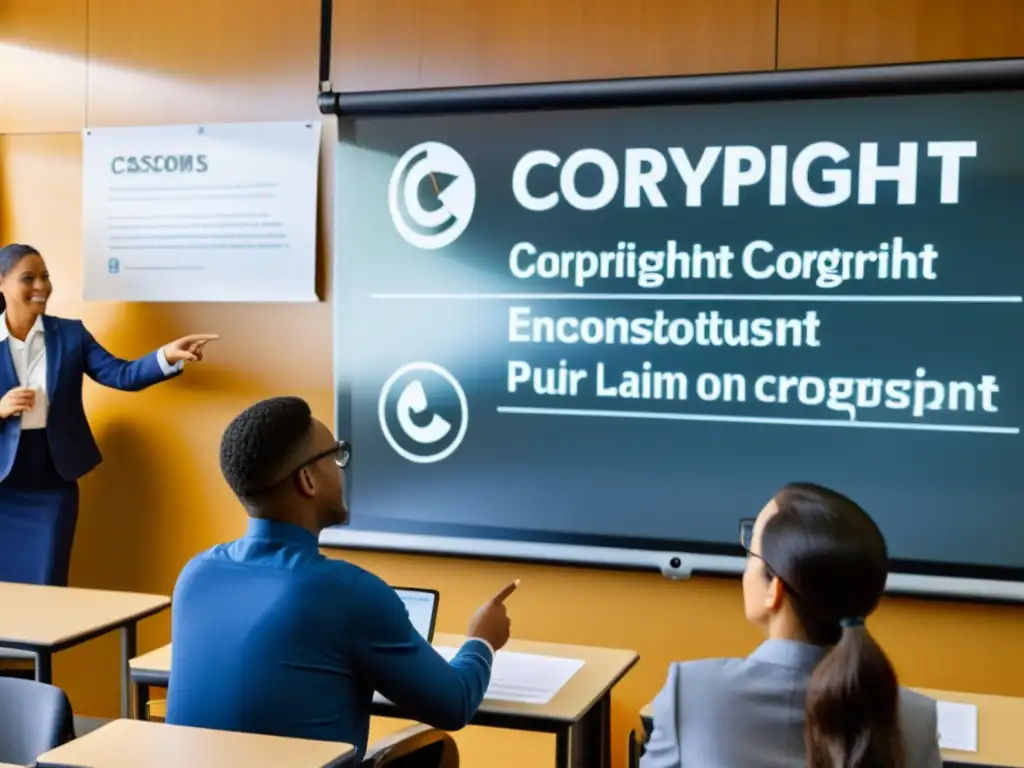 Discusión animada sobre leyes de copyright en el aula Animada discusión en clase sobre derechos de autor, con estudiantes y maestro