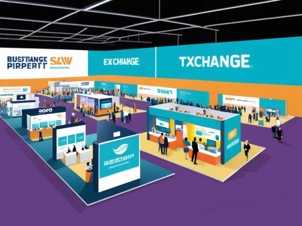 Animada feria comercial con intercambio de ideas e innovación, destacando la protección de la propiedad intelectual