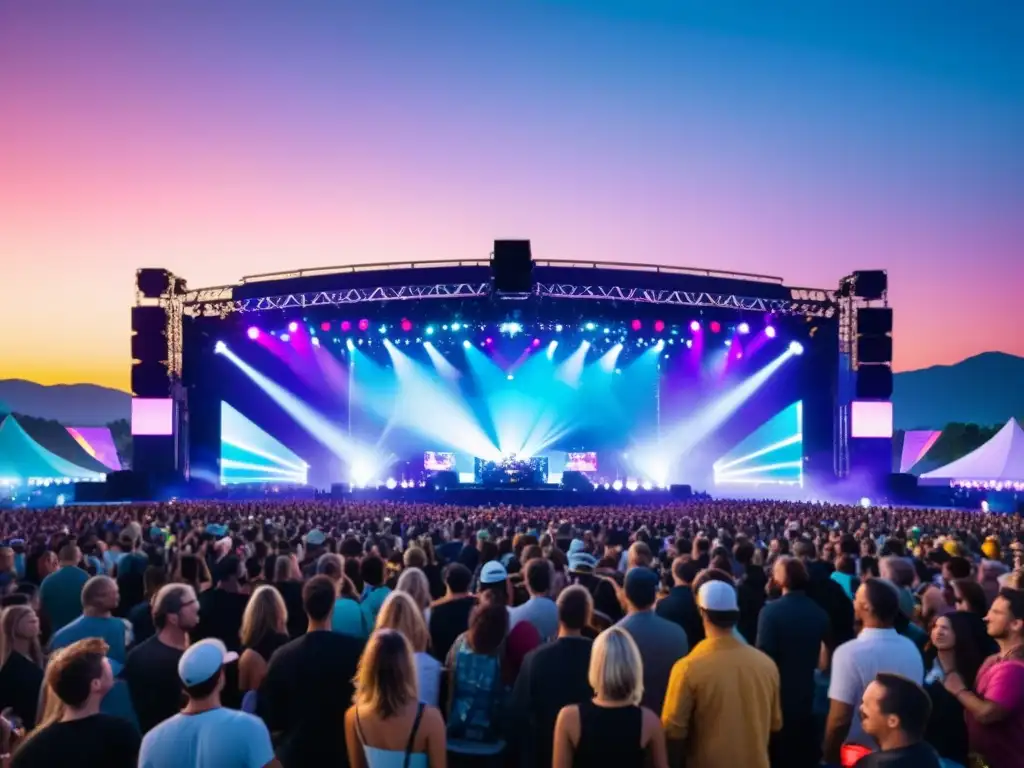 Una animada imagen de un festival de música al aire libre, con luces de colores iluminando a la multitud entusiasta y un cielo despejado de fondo