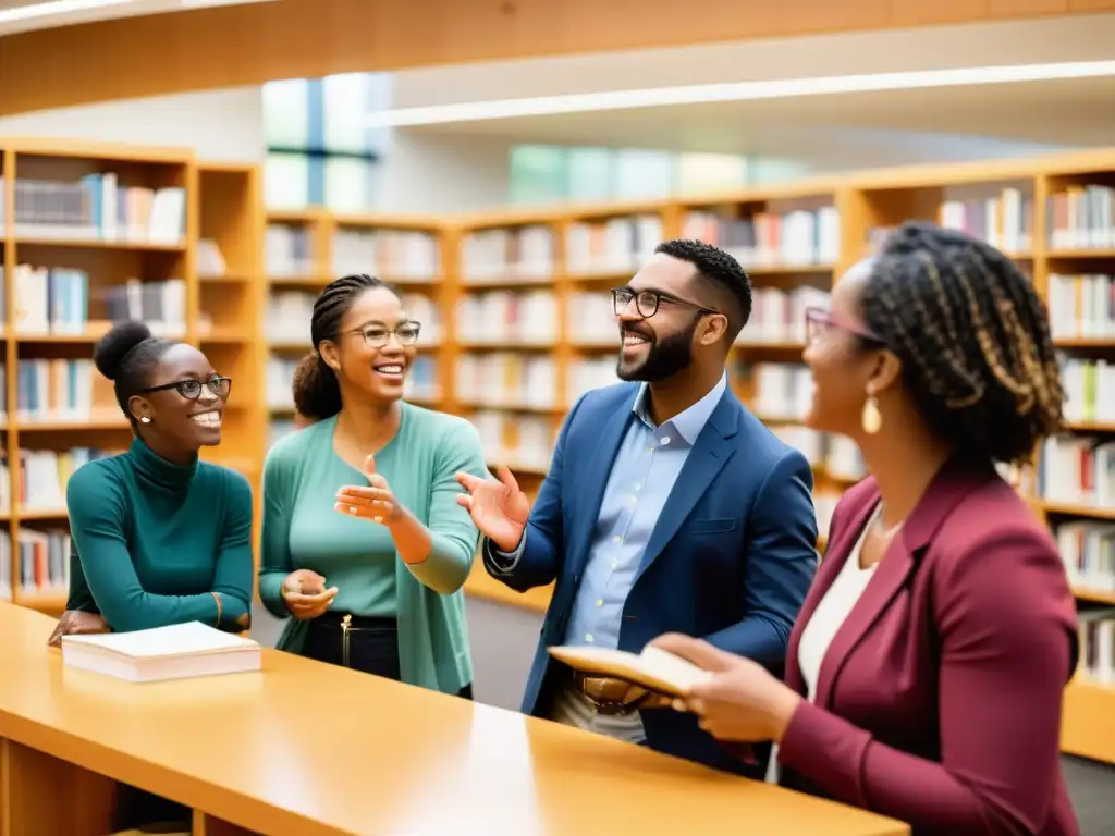 Un animado debate entre educadores y académicos en una biblioteca moderna y bien iluminada