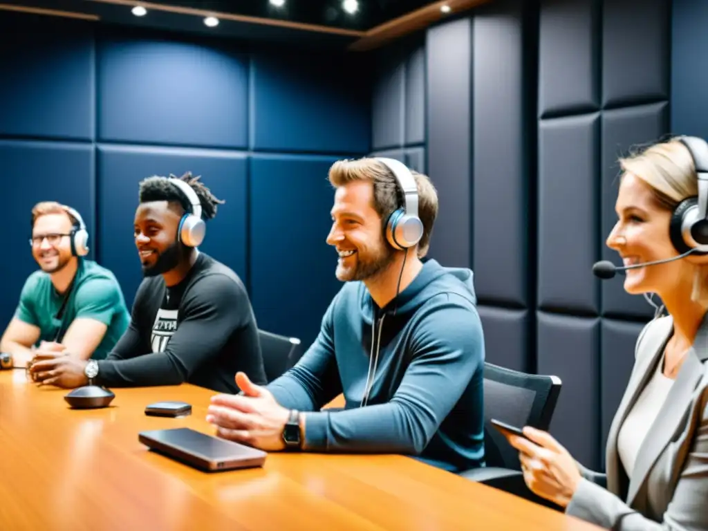 Un animado grupo de invitados de podcast en un estudio moderno, transmitiendo energía y colaboración