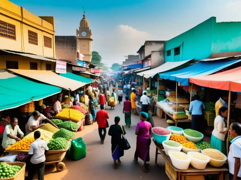 Mercado colorido con medicamentos esenciales en país en desarrollo Un animado mercado de colores en un país en desarrollo, con acceso a medicamentos vitales