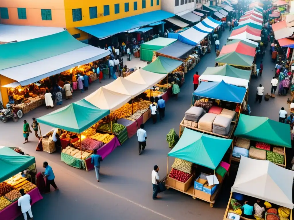 Un animado mercado emergente repleto de vendedores y productos diversos, capturando la propiedad intelectual en mercados emergentes