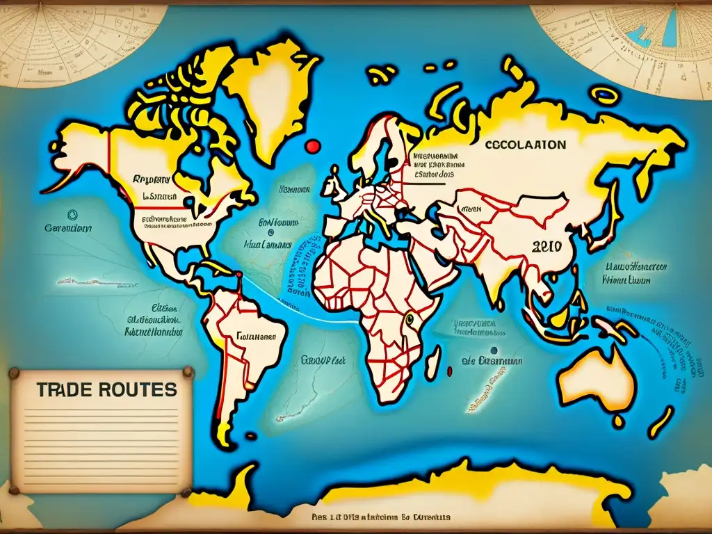 Un antiguo mapa de rutas comerciales y cartas de navegación, con coordenadas GPS modernas y marcadores geolocalizados