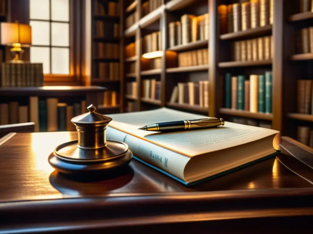 Un antiguo tintero y pluma de escribir en una biblioteca iluminada por suave luz, evocando la transferencia de derechos autor post mortem