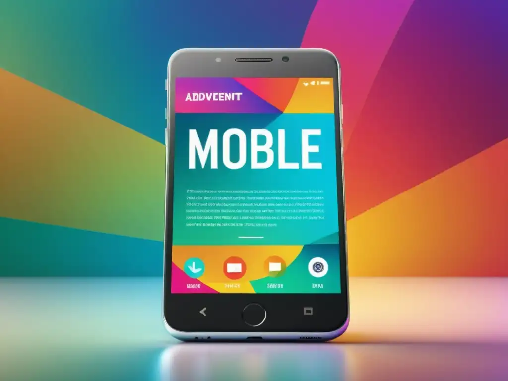 Un anuncio dinámico en un smartphone muestra la propiedad intelectual en publicidad móvil, con gráficos llamativos y tipografía audaz