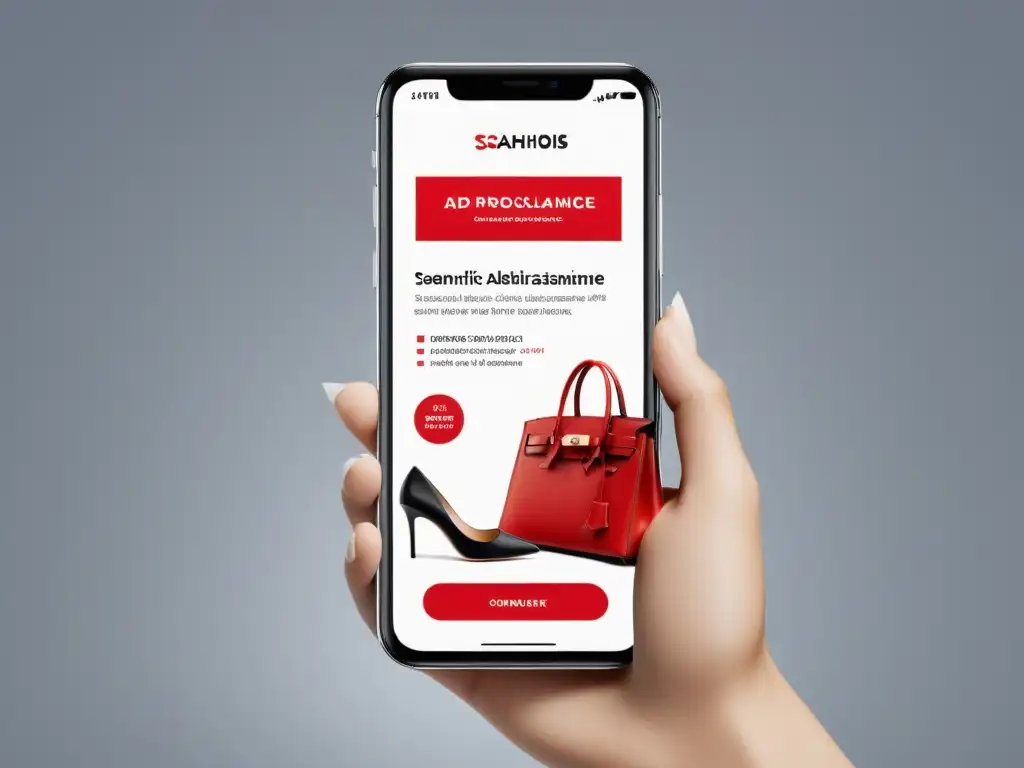 Un anuncio de moda en línea en un smartphone, con diseño moderno y cumpliendo normas de publicidad en comercio electrónico