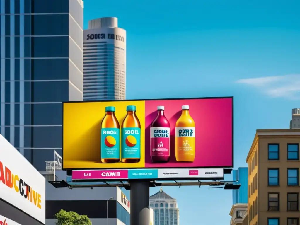 Dos anuncios de productos compiten en un cartel urbano vibrante, con colores vivos y tipografía llamativa