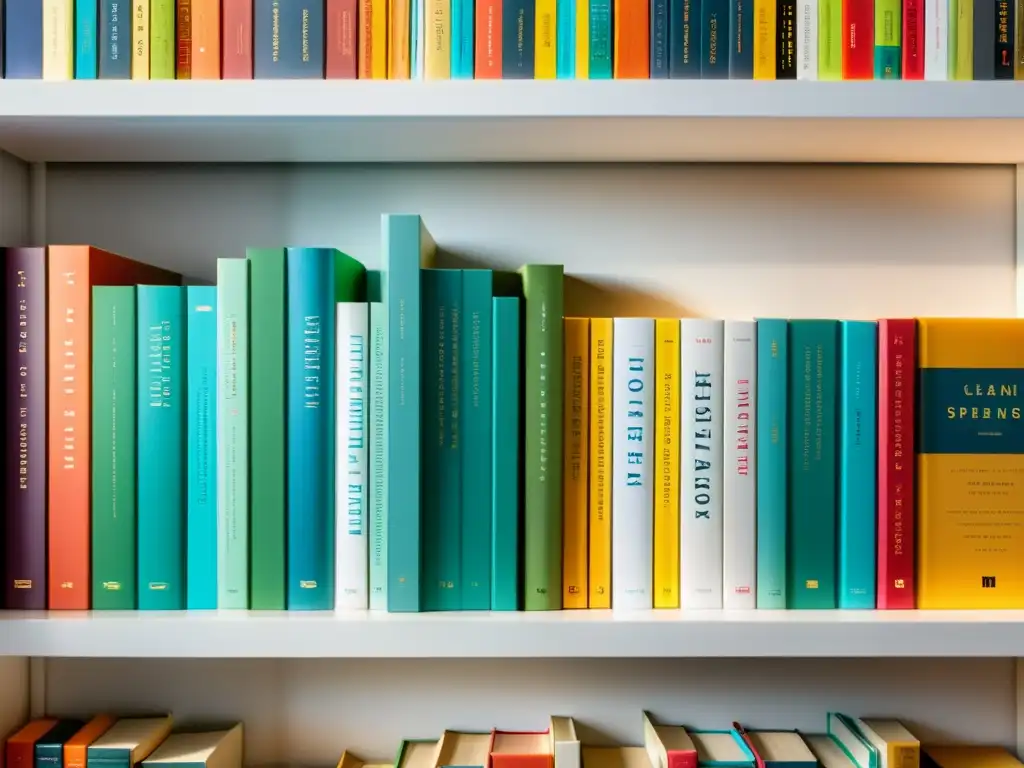 Montaña de libros vibrantes en estantería minimalista Un apilamiento de libros de colores en una estantería blanca, iluminados por el sol