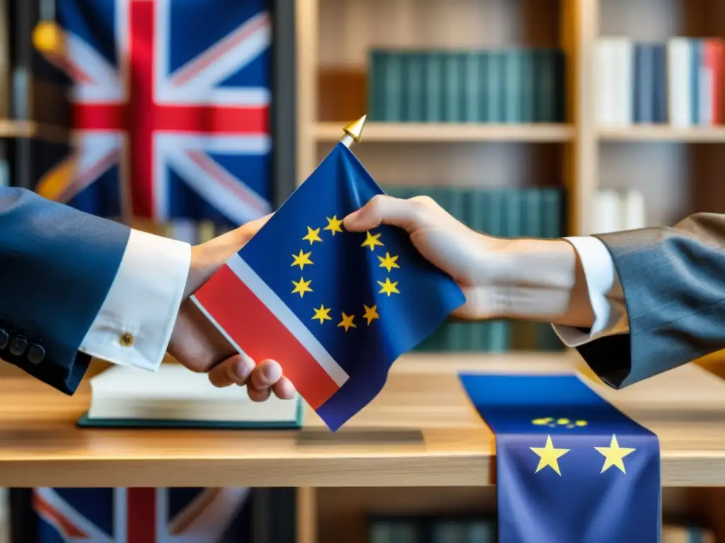 Apretón de manos entre las banderas del Reino Unido y la Unión Europea en un entorno de oficina, simbolizando el impacto legal del Brexit en marcas registradas