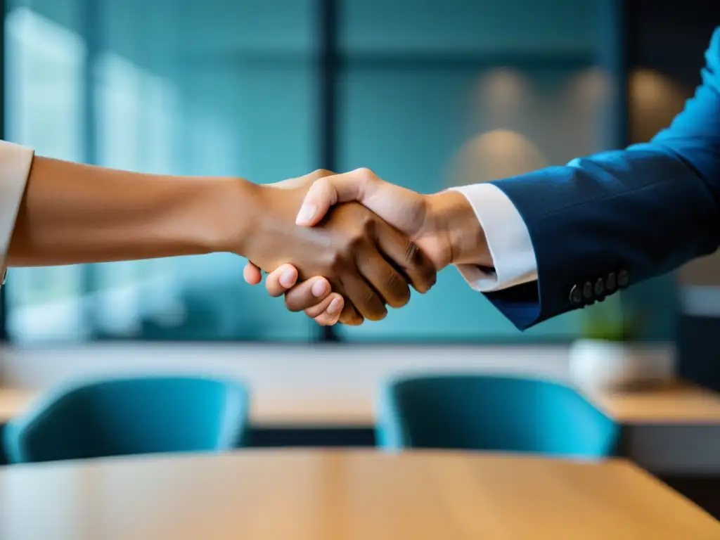 Acuerdo de marca: Empresario y autoridad, un apretón de manos Un apretón de manos entre un empresario y un funcionario, en un entorno profesional moderno