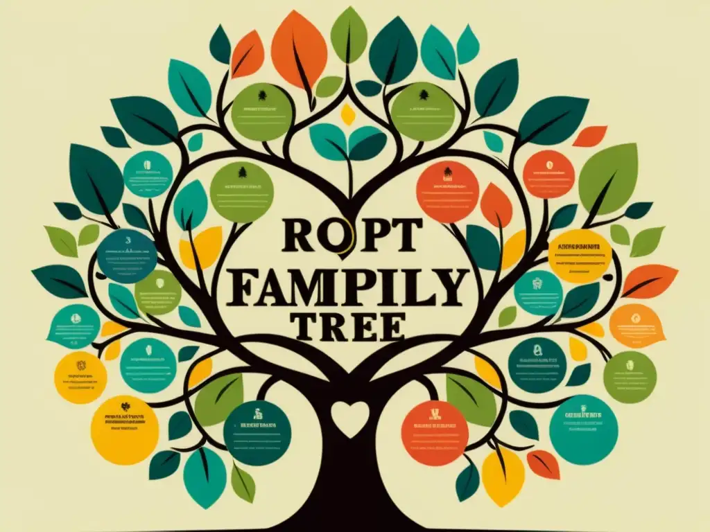 Un árbol genealógico moderno y detallado con ramas vibrantes que representan la interconexión de la herencia y los derechos de autor