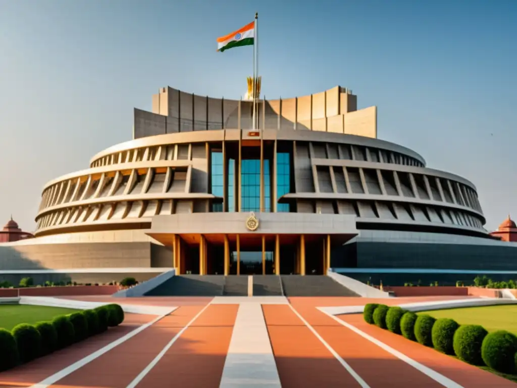 Fusión de arquitectura clásica y tecnología digital en el edificio del Parlamento de la India, simbolizando las políticas de patentes de software