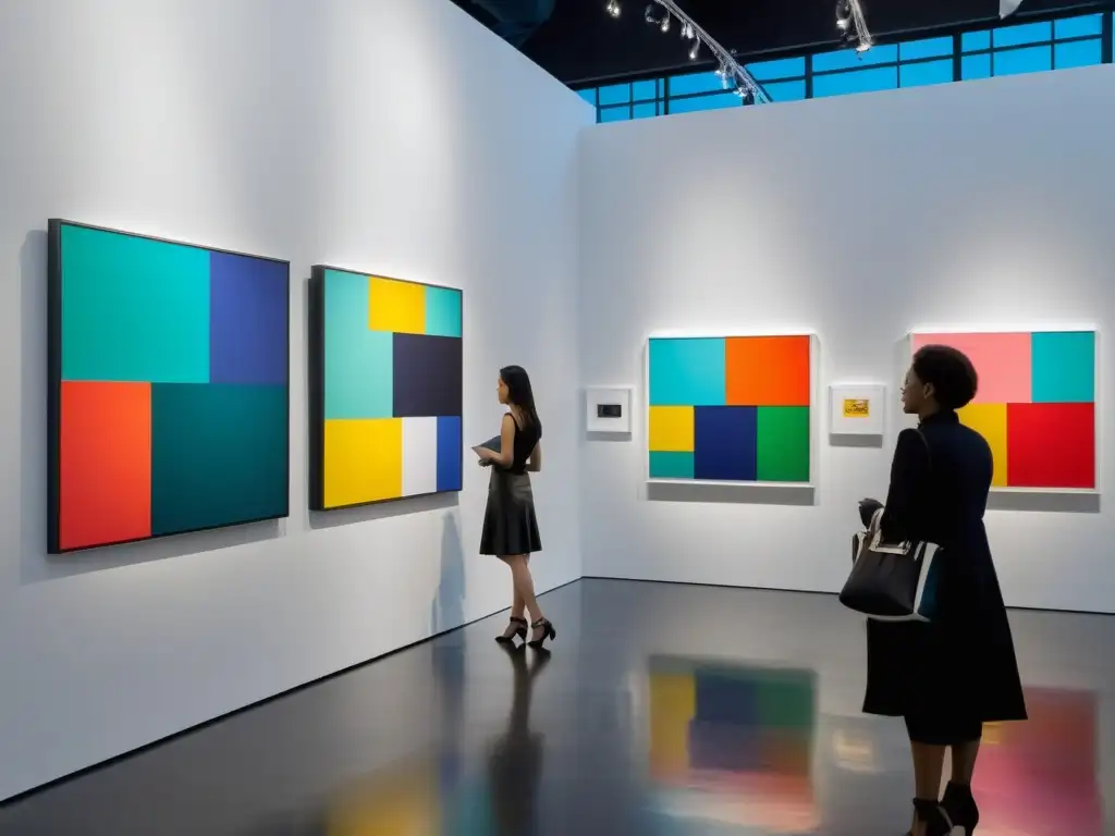 Exhibición de arte contemporáneo con obras vibrantes y abstractas en galería moderna