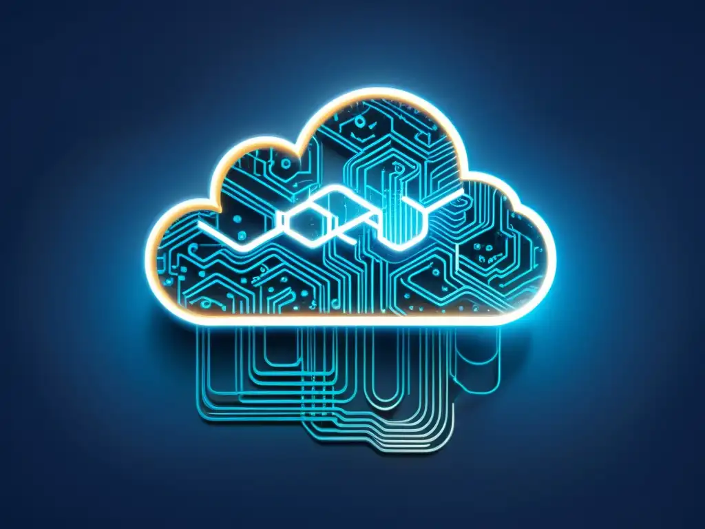 Arte digital abstracto de una nube con patrones de circuitos, simbolizando los riesgos de la gestión de datos en la nube