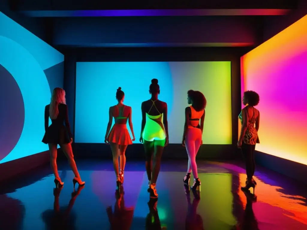 Dinámica instalación de arte con performers en vibrante colaboración, iluminada por luces neón