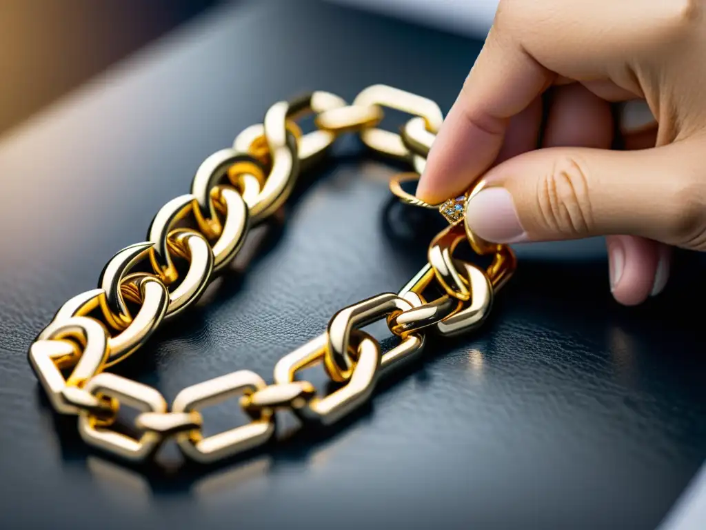 Un artesano crea con destreza un intrincado brazalete de eslabones, resaltando la artesanía en joyería