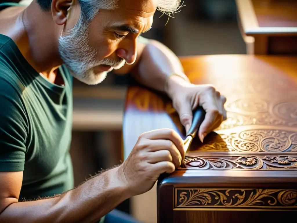 Un artesano restaura con destreza un mueble vintage, aplicando barniz con cuidado y detalle, en un taller iluminado por luz natural