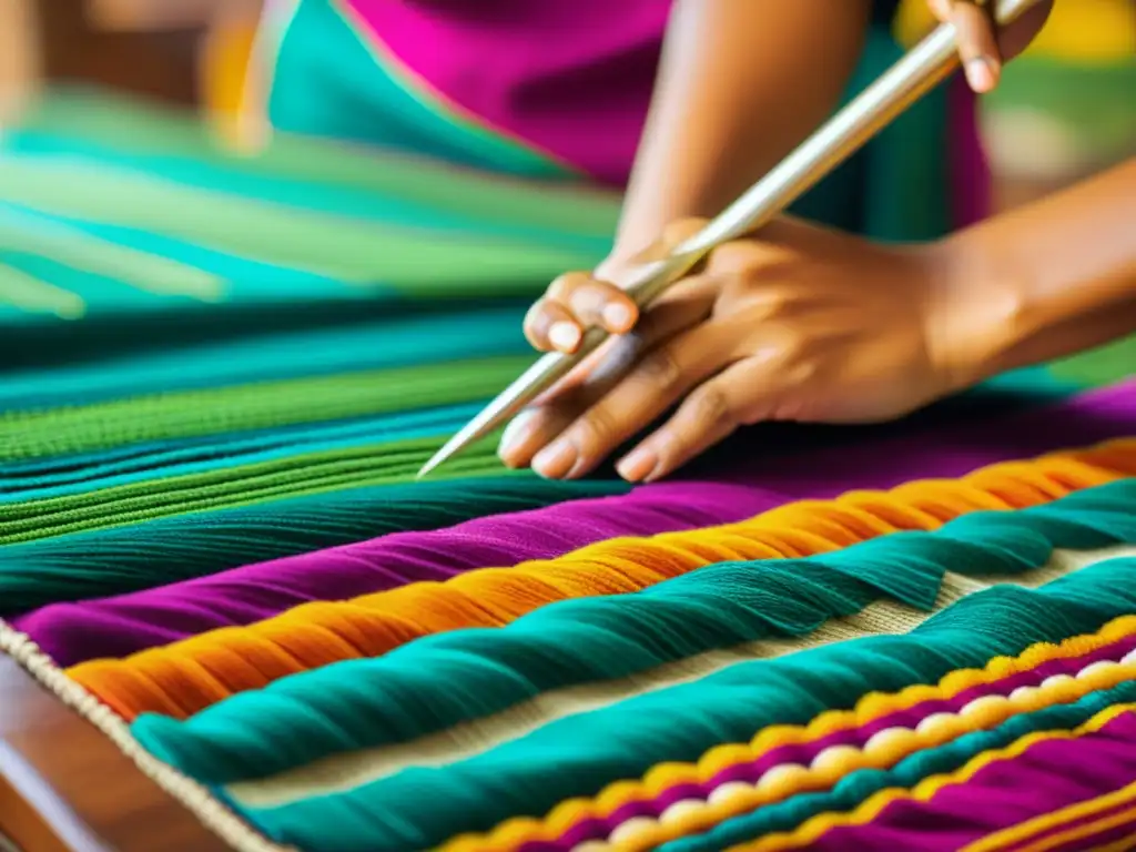 Artesano creando diseño textil vibrante y detallado, fusionando aspectos culturales en una marca internacional única