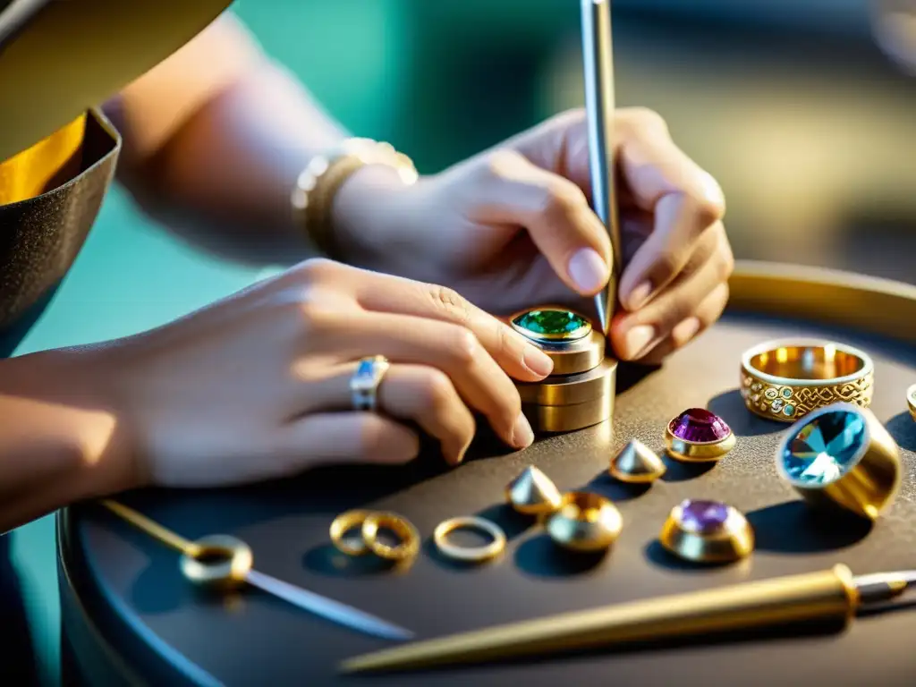 Un artesano experto elabora joyas con precisión, destacando la importancia de la propiedad intelectual en metales preciosos