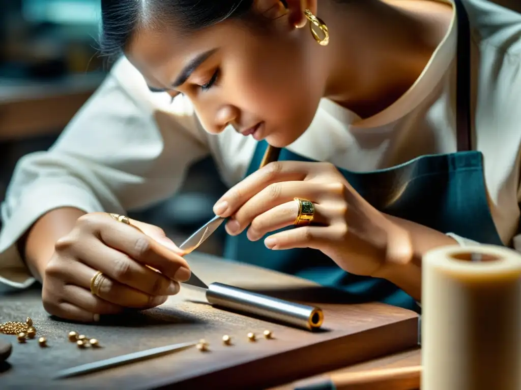 Un artesano experto construyendo marca de joyería con precisión y dedicación, rodeado de herramientas y materiales