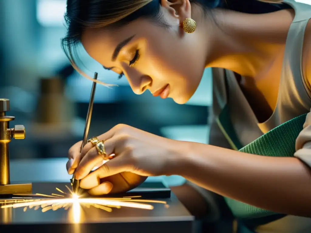 Un artesano habilidoso elabora una joya con precisión en un taller contemporáneo bien iluminado