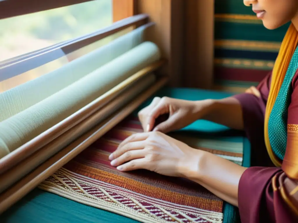Un artesano teje hábilmente telas sostenibles, con patrones e texturas vibrantes