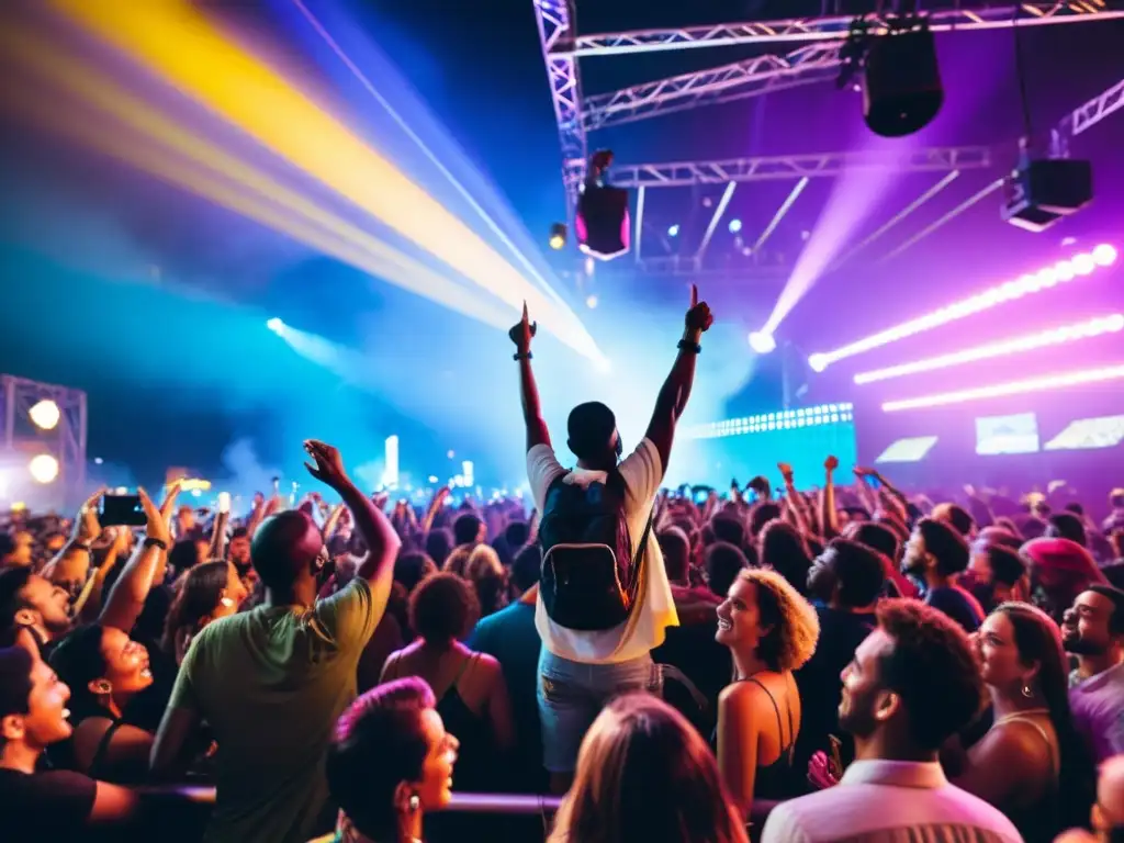 Artista apasionado y audiencia entusiasta en un vibrante festival musical, respetando la creación artística en festivales