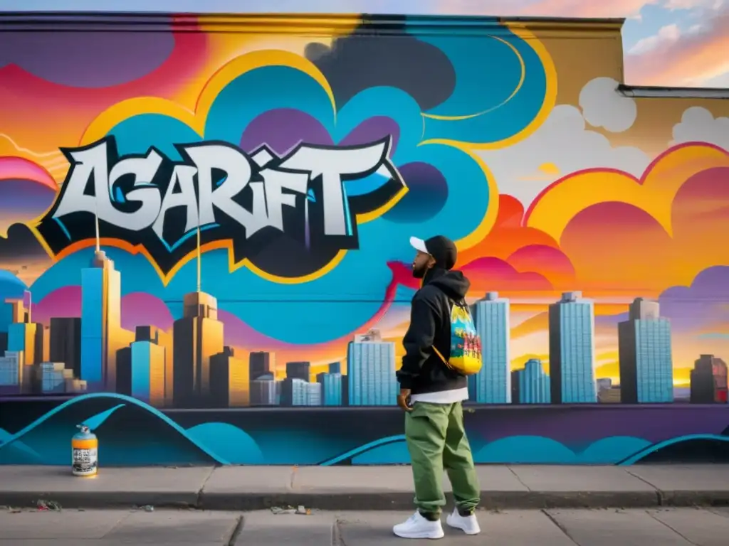 Un artista callejero crea un mural vibrante y detallado al atardecer en la ciudad