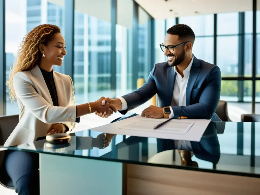 Artista y cliente firman contrato de comisión artística en oficina moderna y elegante, reflejando profesionalismo y creatividad