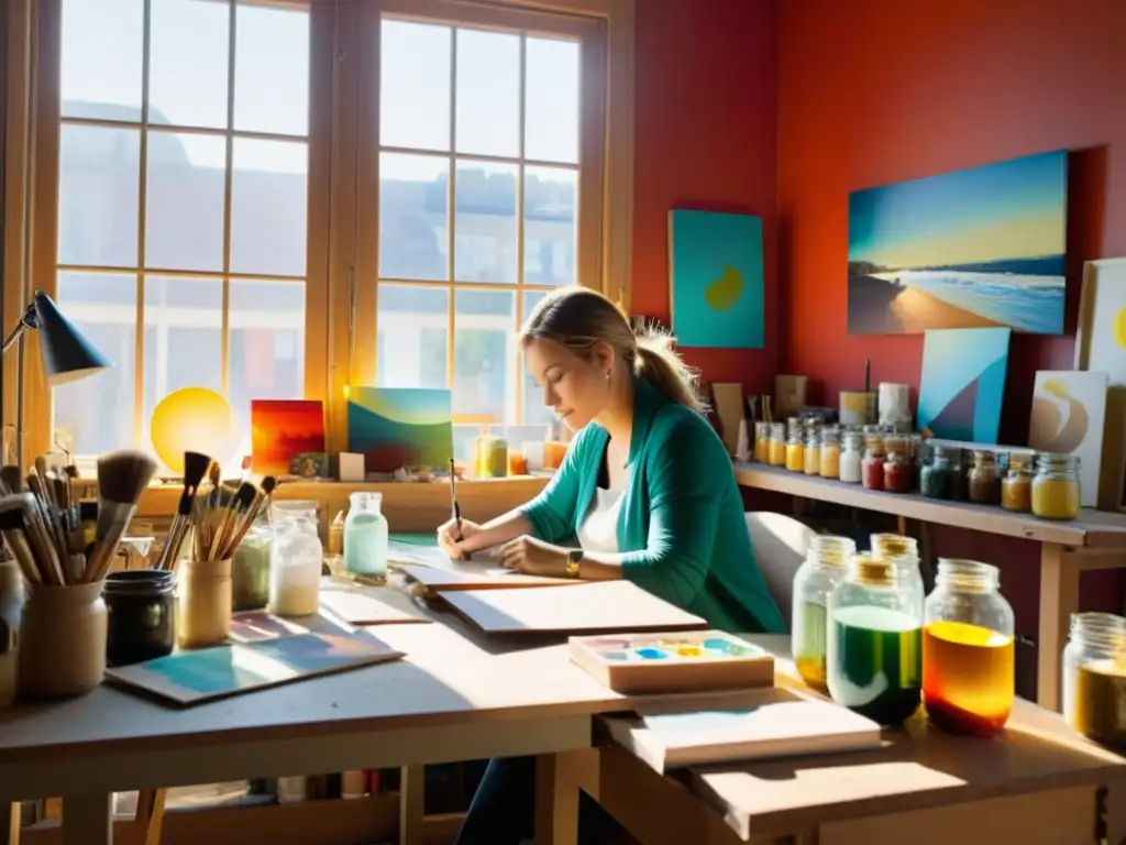 Artista concentrado en su estudio soleado, trabajando en un lienzo rodeado de pinturas y pinceles