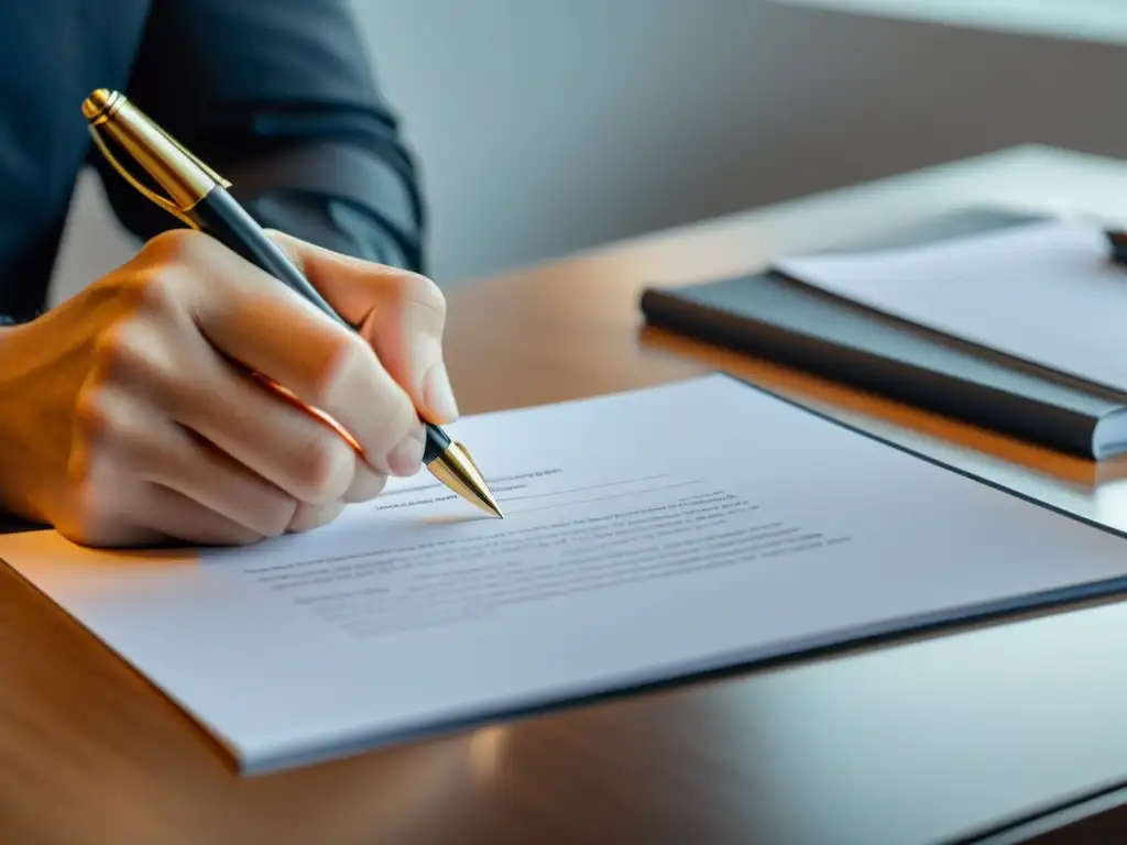 Un artista firmando un contrato con un elegante bolígrafo en un escritorio minimalista