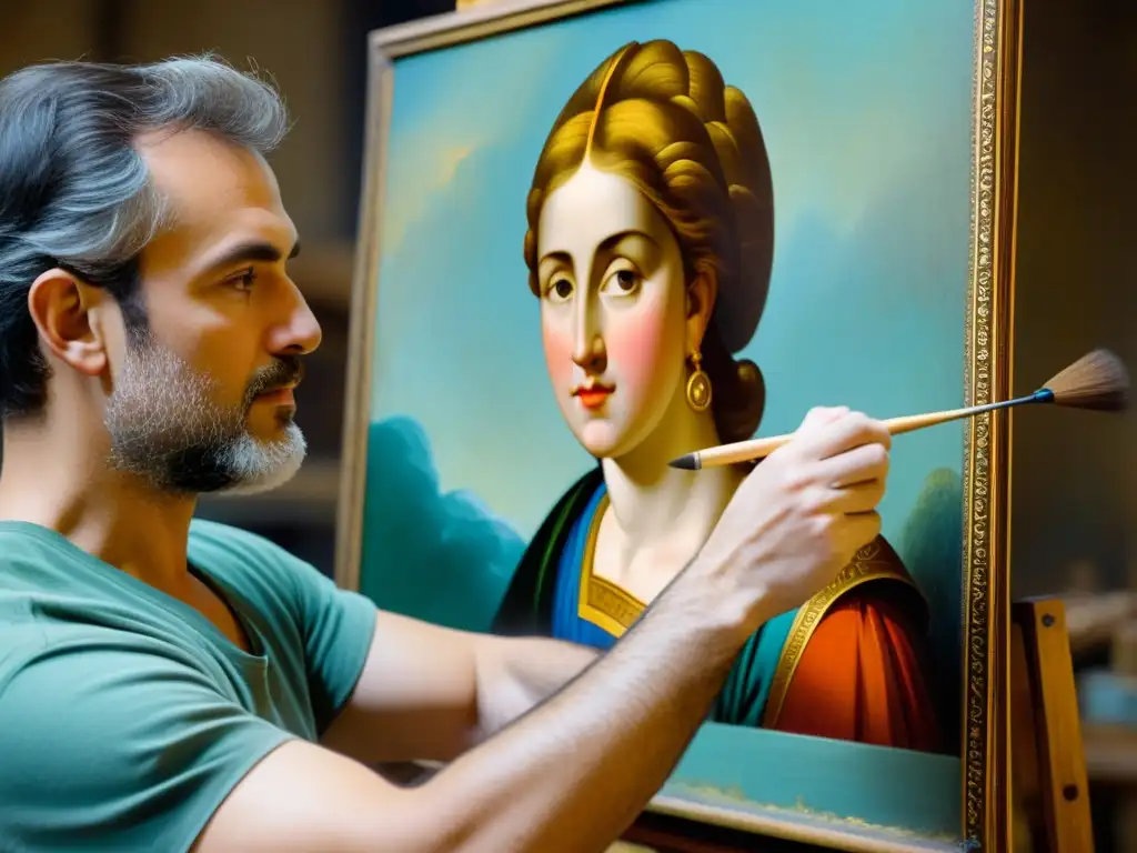 Un artista restaura con delicadeza una pintura antigua, mostrando consideraciones de propiedad intelectual en la restauración de obras de arte