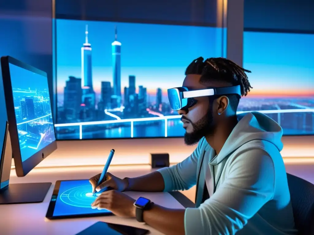 Un artista digital crea animaciones holográficas en un estudio futurista