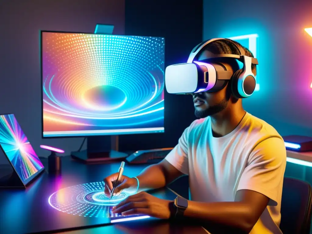 Un artista digital futurista crea una obra detallada y colorida en realidad virtual, rodeado de luces neón y pantallas holográficas