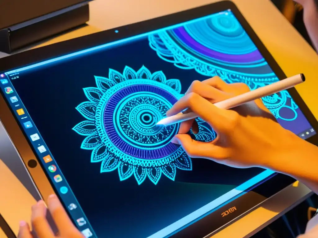 Un artista digital crea una obra de arte en una tableta de dibujo de alta tecnología, destacando la dedicación y habilidad requerida en la era digital