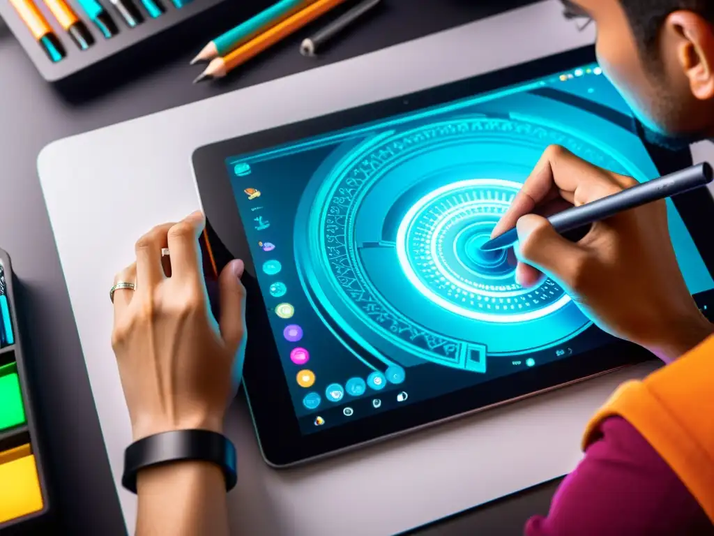 Mano de artista digital creando arte de videojuegos Un artista digital crea una obra maestra para un personaje de videojuego en una tableta de alta resolución, con colores vibrantes y una iluminación dinámica que captura la intensa concentración y creatividad del proceso