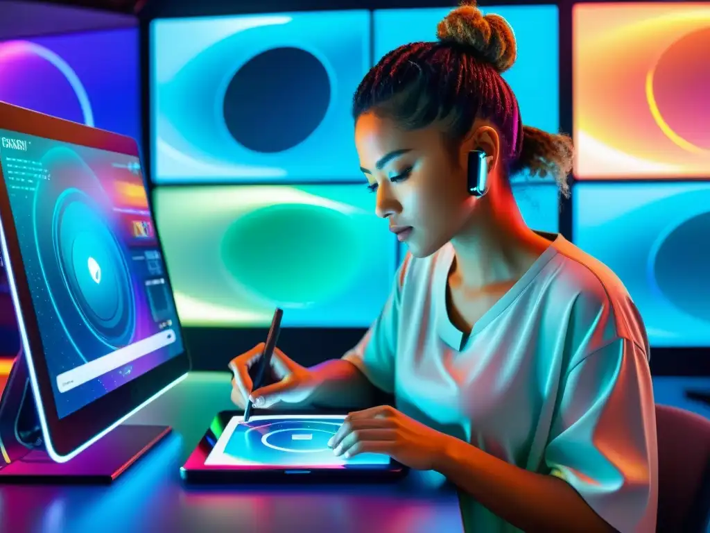 Artista digital crea obra en tablet, rodeado de tecnología futurista