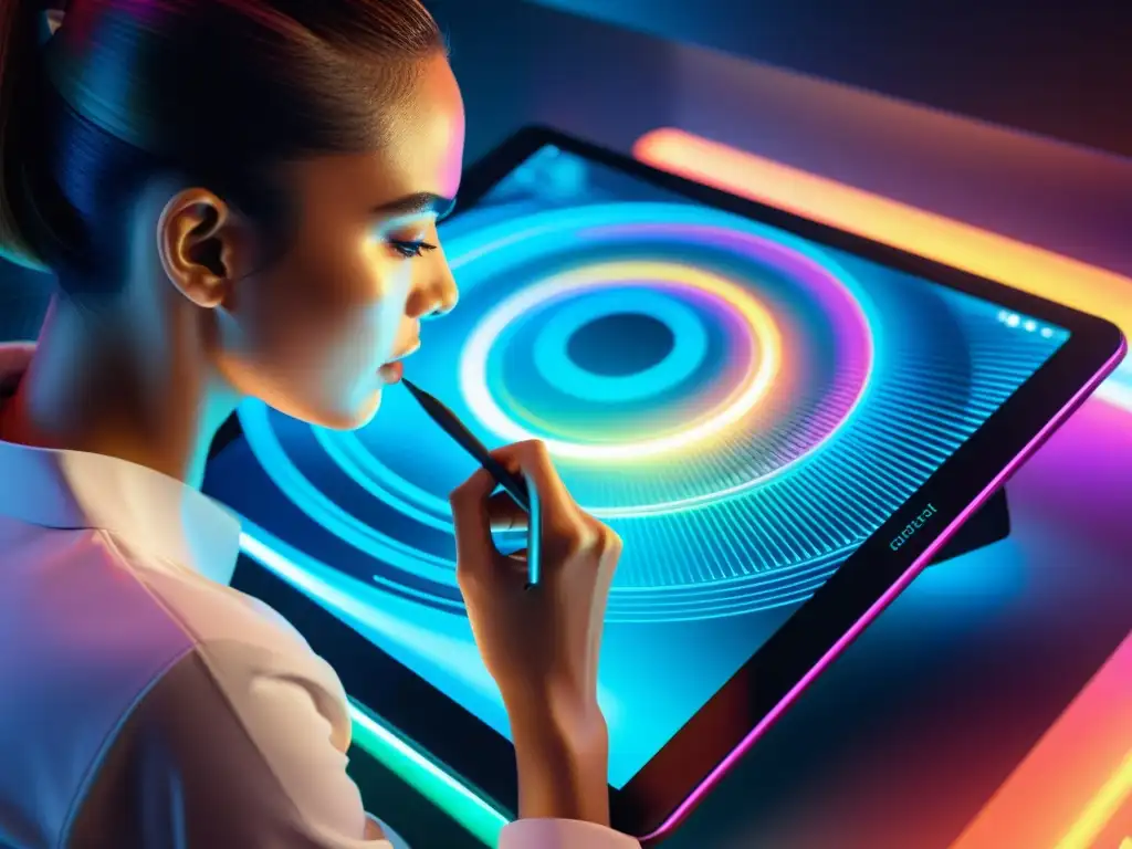 Artista digital crea obra vibrante y detallada en tableta, rodeado de elementos holográficos en un espacio digital futurista