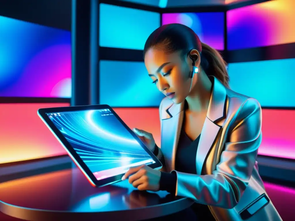Un artista digital trabaja en una tableta futurista rodeado de pantallas holográficas que muestran sus creaciones