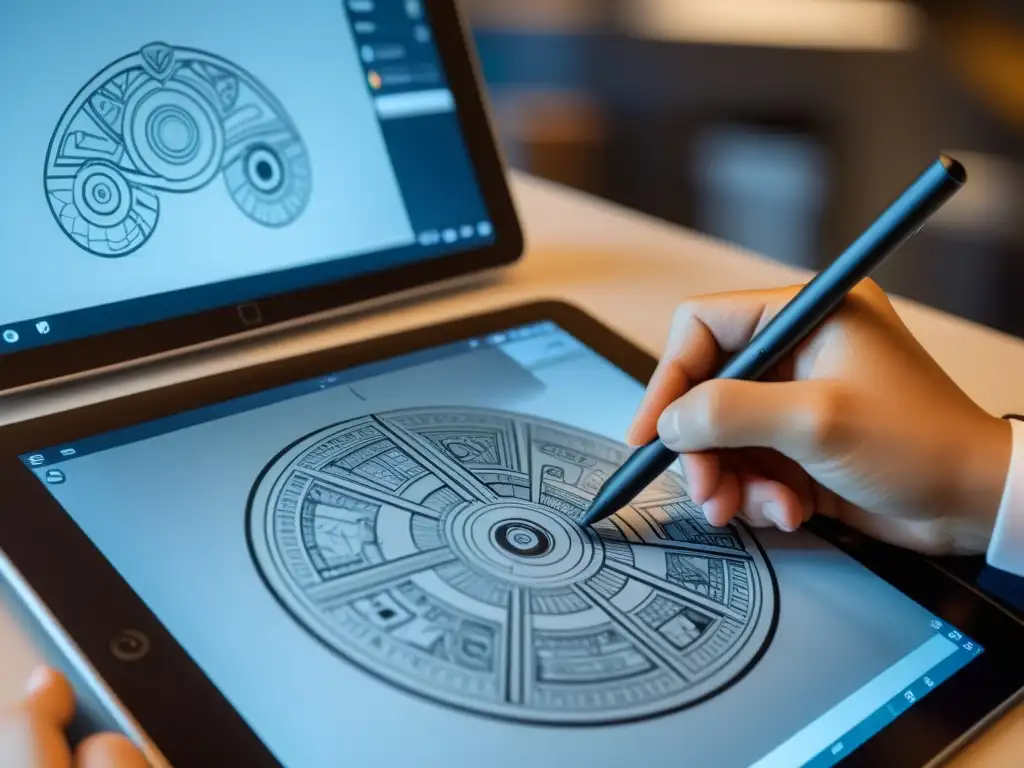 Un artista dibuja diseños detallados para un videojuego en una tableta digital en una oficina moderna