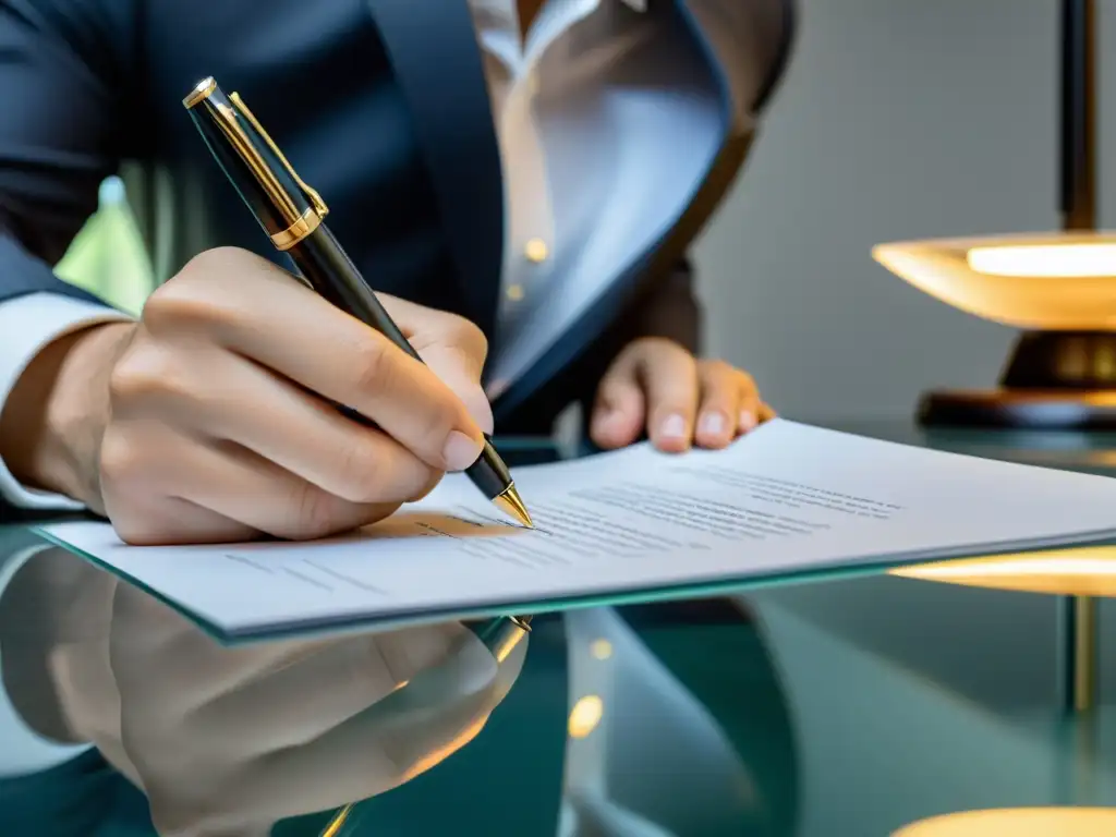 Artista firmando documento de propiedad intelectual en oficina moderna